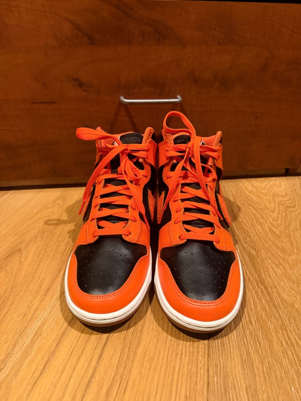Nike Dunk High Retro Chenille Swoosh Safety Orange and Black Mid-Top Sneakers - Picture 3 of 6